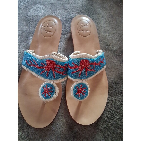 Jack Rogers Shoes - Jack Rogers Beaded Blue /Red CrabLeather Slip-On Flat Sandal Women's 8.5M
